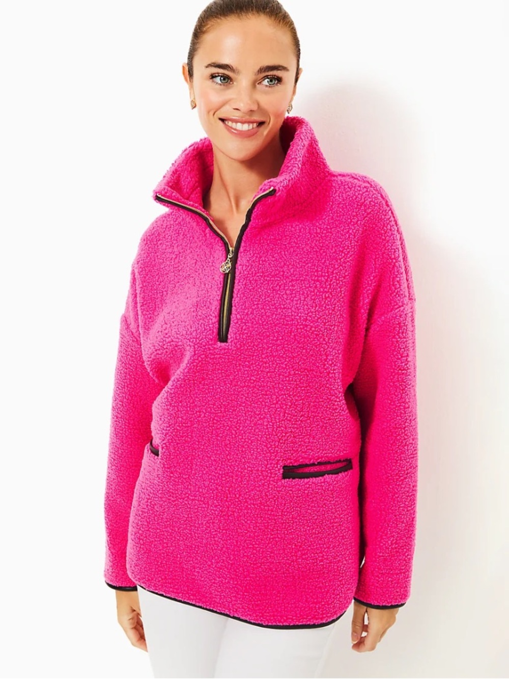 Lilly Pulitzer Soreen Bright Pink Sherpa Fleece Quarter-Zip Pullover Jacket